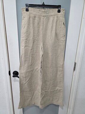 Gap Tan Cotton Gauze Wide Leg Pants – Size M – Elastic Waist Linen-Look Trouser
